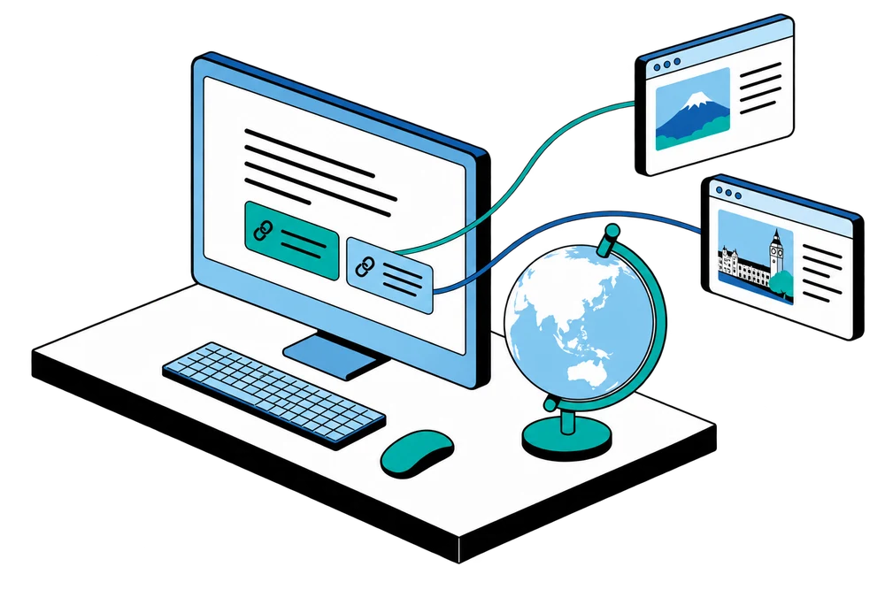デスクのパソコンと地球儀、海外のWebページがつながっているイラスト