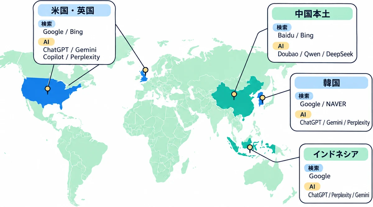 市場ごとの検索エンジンと主なAIを示した世界地図。米国・英国、中国本土、韓国、インドネシアの4市場