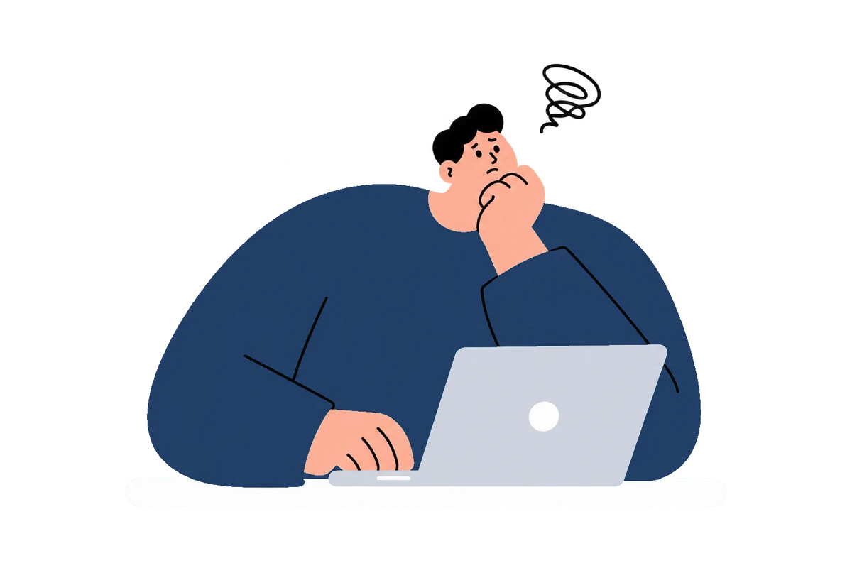 ノートPCの前で頬杖をついて悩む人物のイラスト