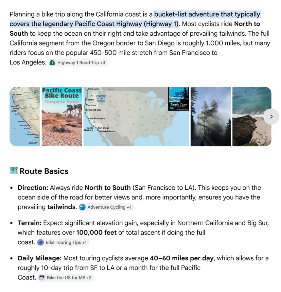 カリフォルニア沿岸のサイクリングに関する検索に対するAIの応答。関連する箇条書きの横にリンクが表示されます。
