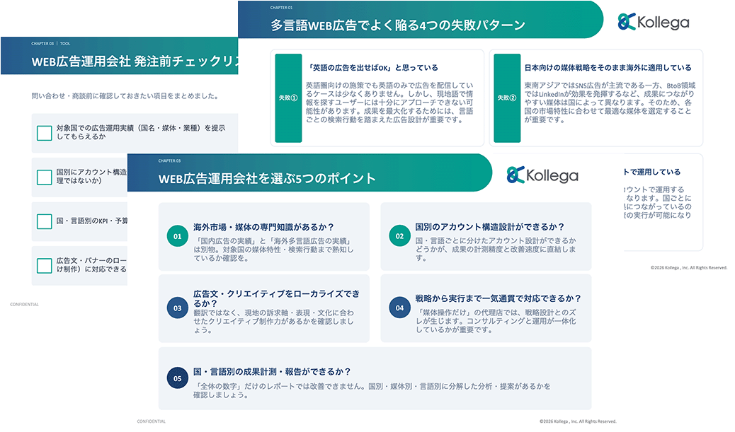 多言語WEB広告の失敗パターン・運用会社選定チェックリストなどの資料アウトプット例