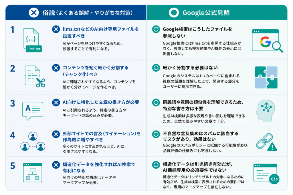 「俗説」と「Google公式見解」を横並びの2カラムで対比させる表