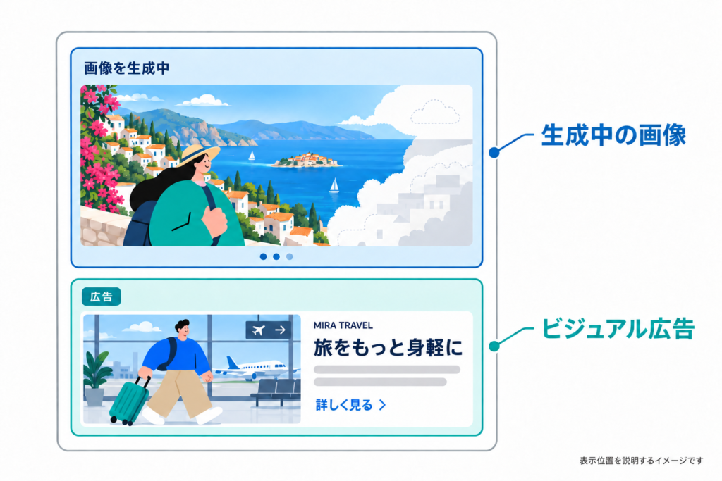ChatGPTで画像を生成している画面と、その下に「広告」ラベル付きで表示されるビジュアル広告の位置関係